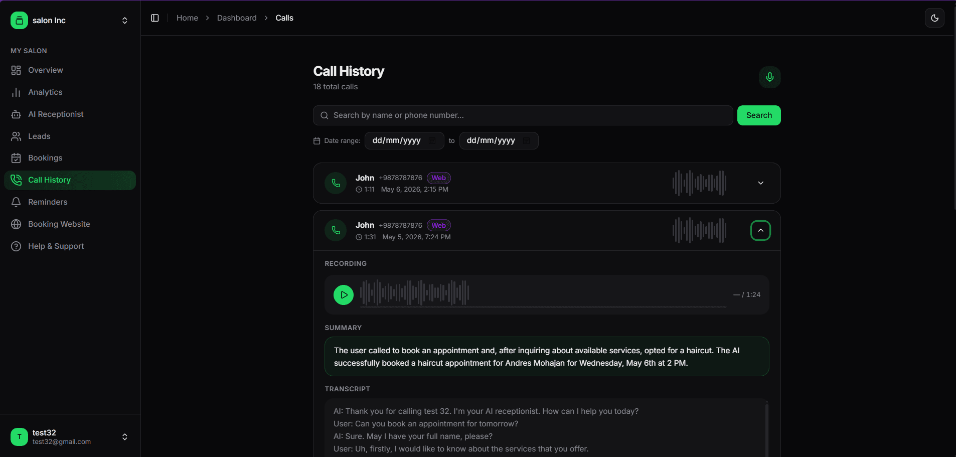 Receptics call history dashboard screenshot